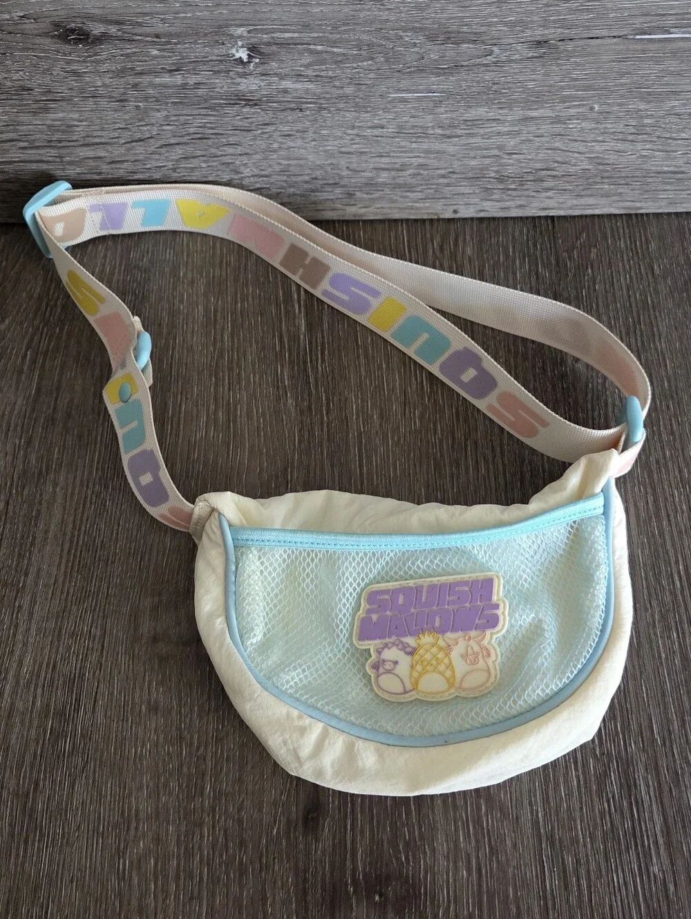 Squishmallows Pastel Blue & Cream Kids Crossbody Bag with Rainbow Logo Strap